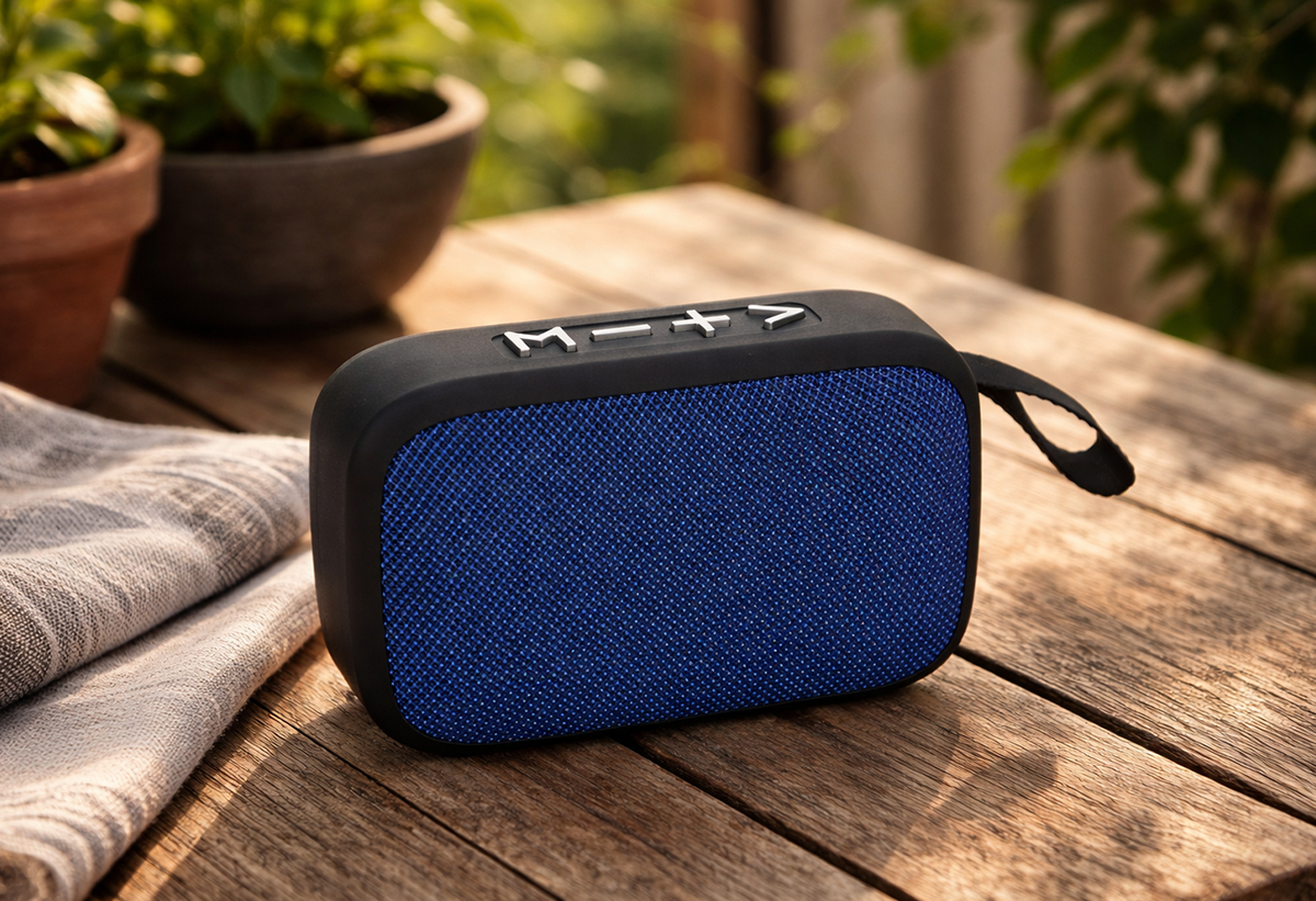 Απεικονίζεται το ηχείο σε τραπέζι κήπου.